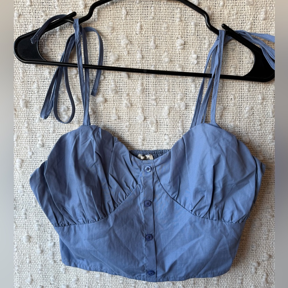 Women’s‎ Large Baby Doll Crop Top Y2K Smock Shoulder Tie Blue
